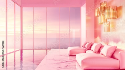 Luxury Pink Living Room with Floor to Ceiling Windows and Modern Art Deco Decor