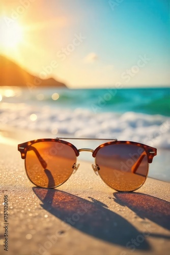 Wallpaper Mural Stylish sunglasses resting on a vibrant summer beach scene, sun reflecting off the lenses, ocean waves in the background  Perfect for summer travel, vacation, and holiday themes , tropical, beautiful Torontodigital.ca