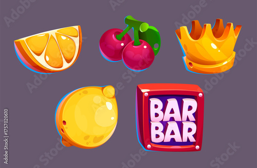Casino icon set with bar and jackpot symbols - orange slice, red cherries, golden crown, yellow coin and slot machine display for gaming interface design. Glossy reward elements for gambling apps.