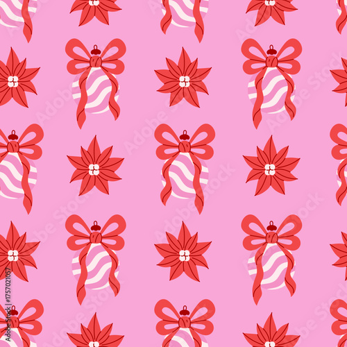 Pink Christmas Bauble Seamless Pattern with Bow and Poinsettia. Hand drawn Coquette Xmas Ornament Ball with curly Ribbon and red Flower. Girly Holiday Background. Flat vector illustration