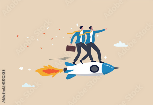 Co-founder to start company, partnership or teamwork to success together, cooperation or collaboration colleagues, agreement or trust concept, business partner riding rocket to success together