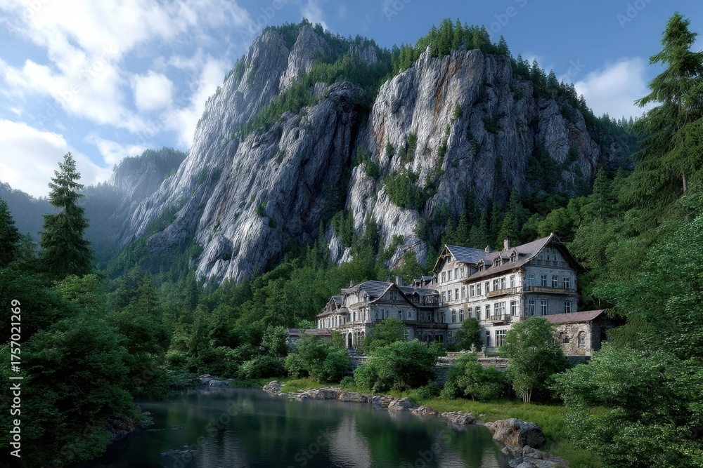 Fototapeta premium Mountain resort nestled by calm lake surrounded by tall trees and rocky cliffs during a clear day