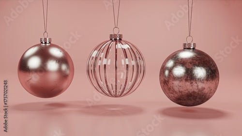 A close-up, eye-level shot showcases three distinct Christmas ornaments hanging in a row against a soft, blush pink, slightly textured background. 