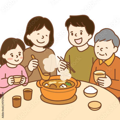 鍋を囲む家族のイラスト