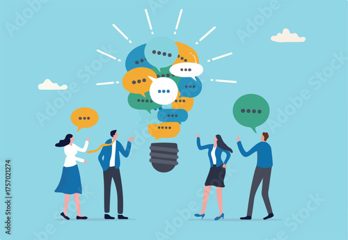 Effective communication, meeting discussion or conversation solution, speak or telling intelligence information, team opinion new idea concept, business people discuss with lightbulb speech bubble