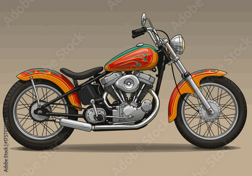 Cartoon Style Motorcycle with Flame Design on Tank and Fenders.