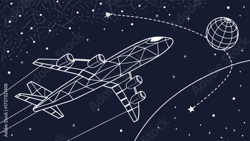 Abstract digital flight of aircraft soaring through starry night sky, showcasing futuristic design and cosmic elements