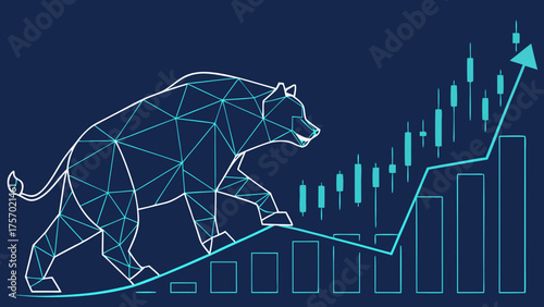 Low poly bear graphic symbolizes market trends, showcasing bullish movement with candlestick charts and upward arrows