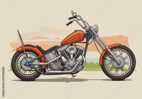 Cartoon Illustration of a Classic Orange Chopper Motorcycle.