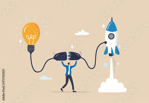 Entrepreneur business idea creating startup company, start new business with creativity, innovation, company founder, inventor or development, businessman connect lightbulb idea with launching rocket