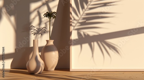 Minimalist Beige Vases with Shadowed Palm Leaf Shadows on White Wall