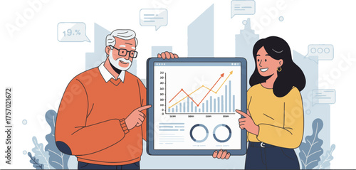 A senior businessman and a young businesswoman analyzing a successful financial growth report with charts and graphs on a digital tablet
