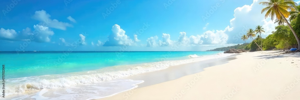 Fototapeta premium Sun-drenched beach scene featuring pristine white sand, gentle waves lapping the shore, and a clear blue sky Perfect for travel, vacation, or summer themes , background, heat