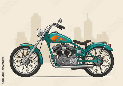 Teal Motorcycle with Orange Flames Illustration Classic Design.
