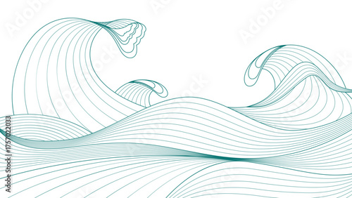 Japanese ocean waves pattern on white background. Vector illustration of oriental line art ornament, elegant wallpaper with storm splashes, asian style banner design with abstract green doodle texture