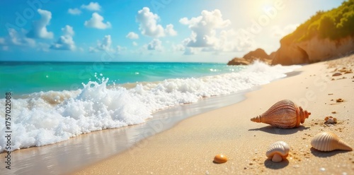 Sun-drenched beach scene at high tide, waves crashing on the shore, seashells scattered on the sand Perfect for summer vacation themes and travel brochures , nature, bright, shells