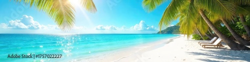 Sun-drenched beach scene with turquoise water, palm trees swaying gently in the breeze, and soft white sand Perfect for summer vacation themes , joy, sun
