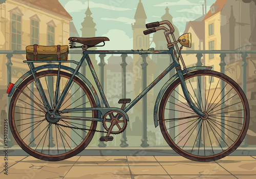 Vintage Bicycle with Saddlebag in Urban Setting Illustration.