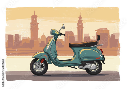 Illustration of a Teal Vintage Scooter with Cityscape Backdrop.