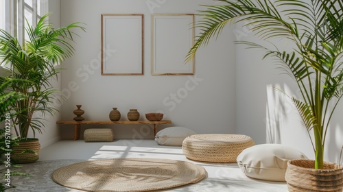 Minimalist Bohemian Style Relaxation Room with Green Plants and Natural Decor