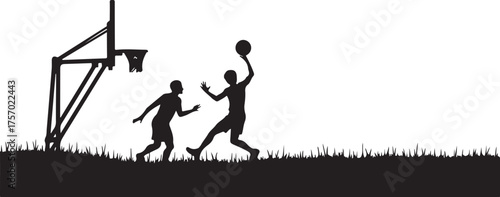 Two silhouetted men playing basketball outdoors sport