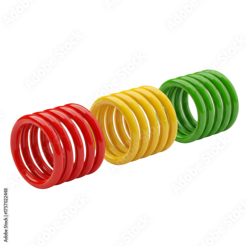 Mechanical Springs in Vibrant Hues: A trio of robust mechanical springs in eye-catching red, yellow, and green, showcasing their coil design and metallic resilience.
