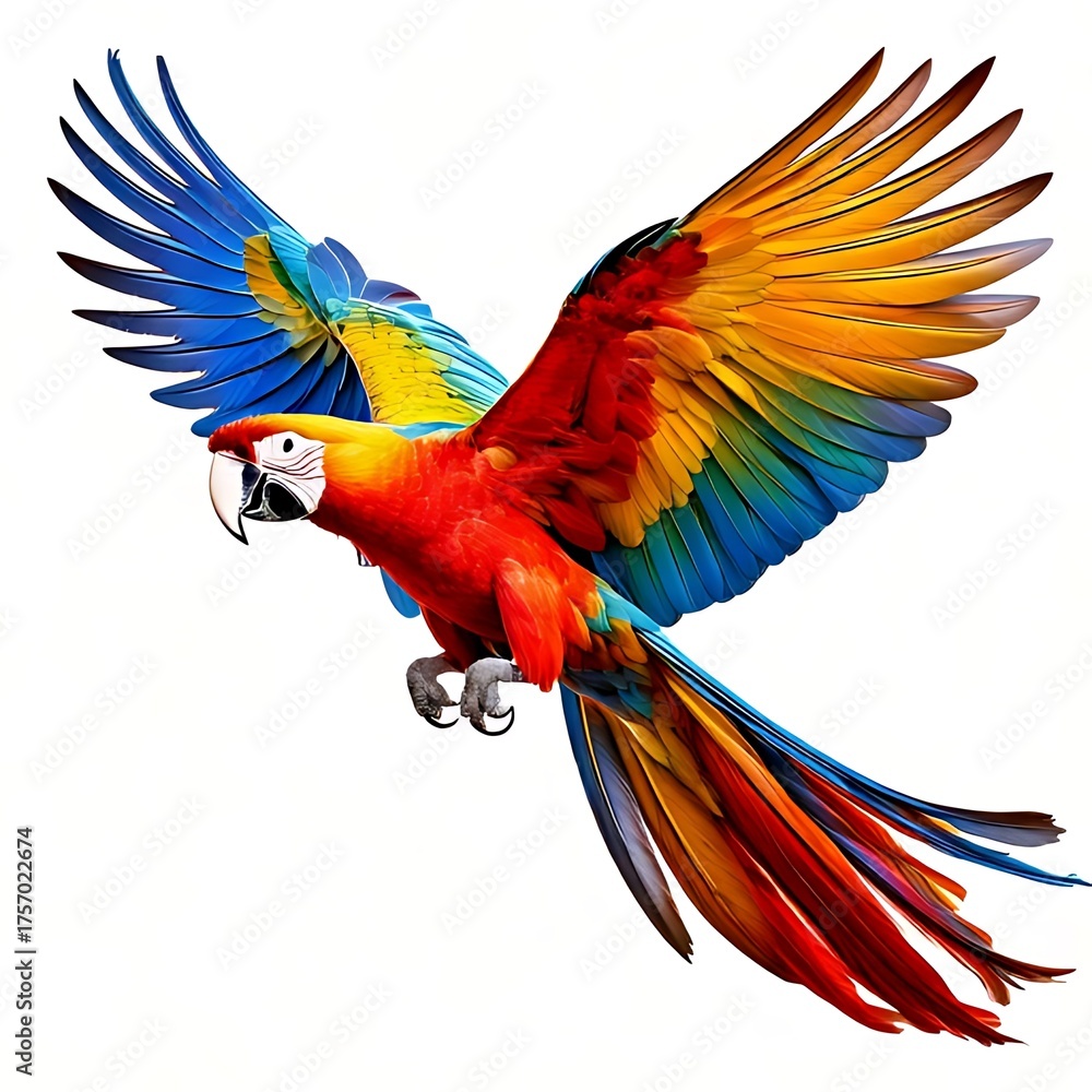 Fototapeta premium A vibrant macaw with rainbow wings in mid-flight, against a white background