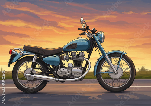 Classic Blue Motorcycle on Asphalt Road at Sunset.