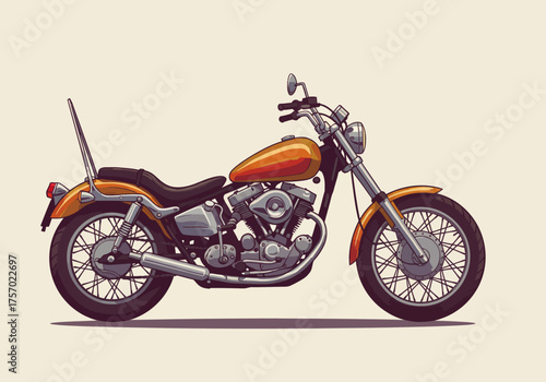 Classic Orange Motorcycle Illustration with Detailed Engine and Spoked Wheels.