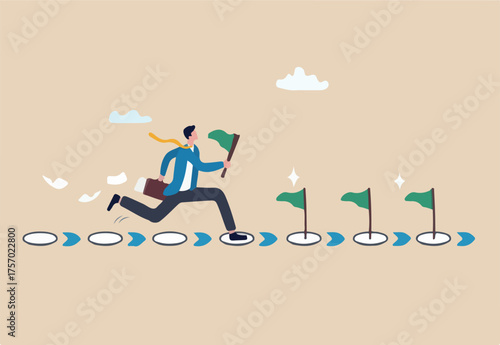 Milestone or roadmap achievement, business success journey, progress to reach goal, motivation to accomplishment, aspiration concept, businessman run to grab completed milestone success flag