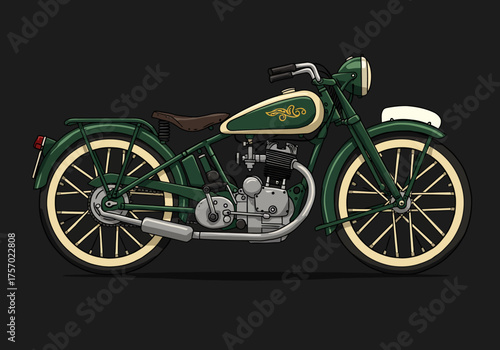 Classic Green Motorcycle with Cream Accents and Vintage Design.