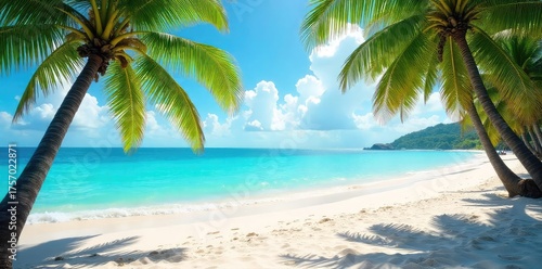 Sun-drenched beach, turquoise water, palm trees swaying gently in the breeze  Perfect for a relaxing holiday getaway  Seashells, sandcastles, tropical paradise ,  sun,  coast