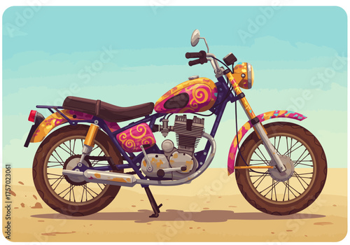 Colorful Vintage Motorcycle with Swirls and Geometric Patterns.