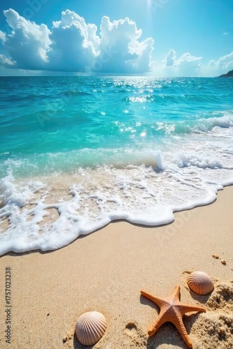 Sun-drenched coastal scene, vibrant blue ocean waves crashing on sandy beach, seashells scattered along the shore, summer holiday vibes , vacation, beautiful, landscape