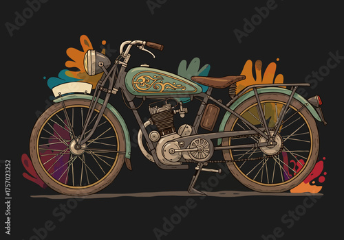 Vintage Motorcycle Illustration with Decorative Tank and Brown Seat.