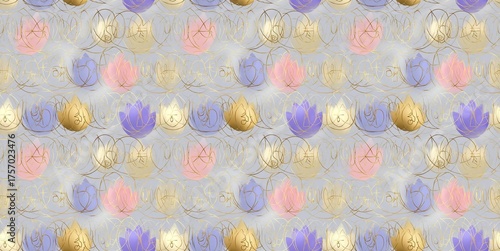 Seamless pattern featuring sacred Indian symbols like the om sign and lotus, enhanced by subtle golden outlines on a pastel backdrop