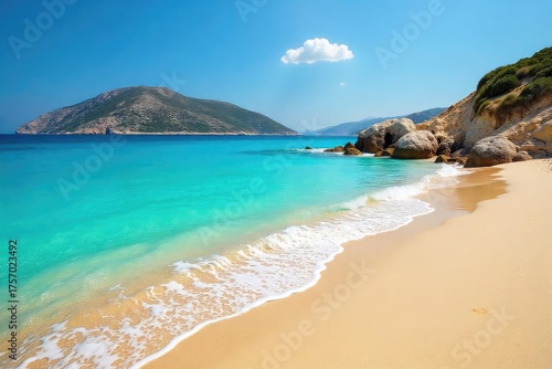 Sun-drenched Greek beach with crystal-clear turquoise water lapping the golden sand  Perfect summer getaway; idyllic coastal scene  Serenity and relaxation awaits ,  summer,  golden
