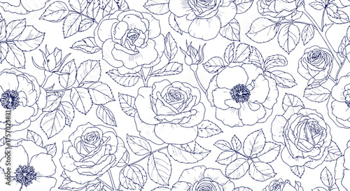 Elegant Floral Pattern with Dark Blue Roses and Leaves on Black