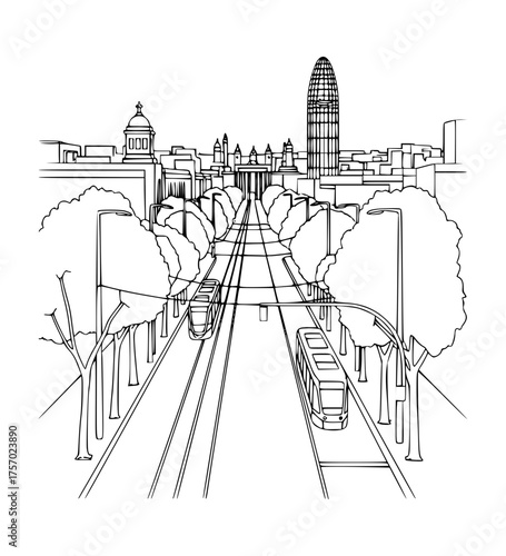 Avinguda Diagonal in Barcelona. Line Art.