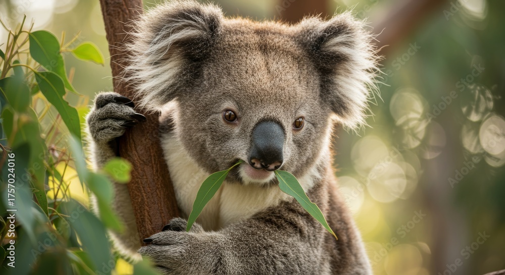Naklejka premium Charming koala portrait amidst lush eucalyptus foliage in serene setting