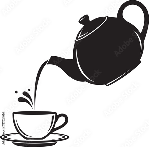 A black silhouette of a teapot pouring hot tea into a teacup on a saucer.