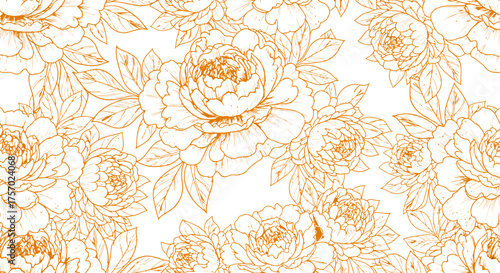 Floral Pattern with Peonies in Golden Outline on Black Background Design