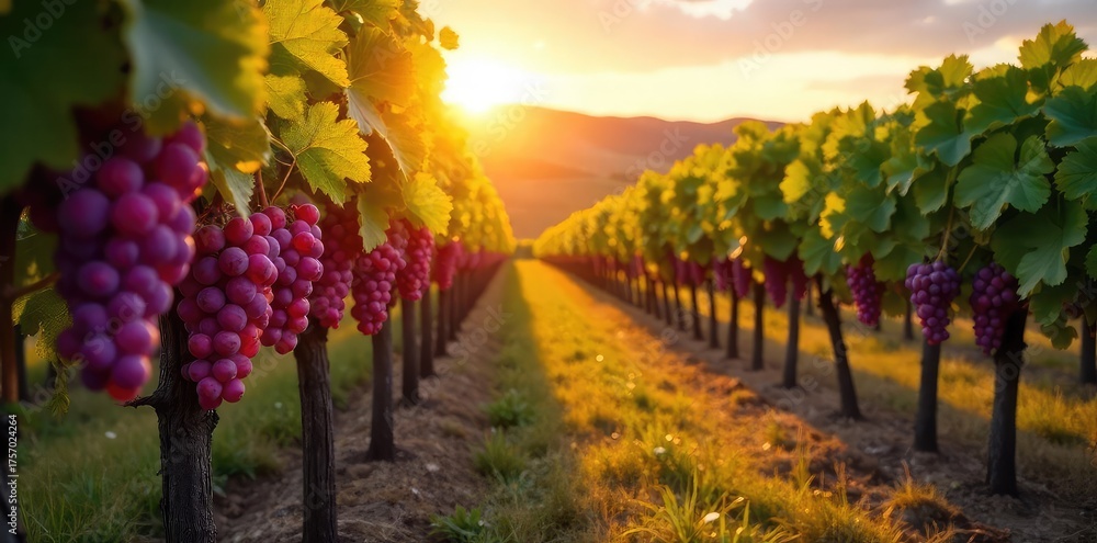 Fototapeta premium Sun-drenched rows of ripe grapes hanging heavy on the vine, ready for harvest in a picturesque vineyard Golden hour light bathes the landscape in a warm glow , beverage, green leaves, golden hour