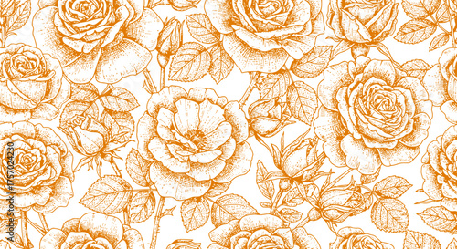 Seamless vintage rose pattern in orange on a black background