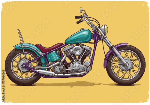 Colorful Cartoon Motorcycle Illustration with Teal and Purple Accents.