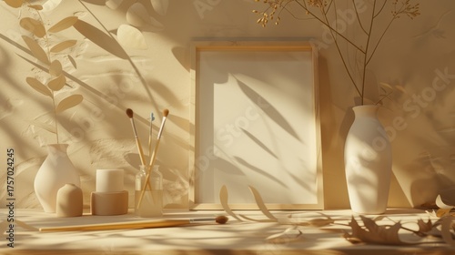 Minimalist Decor Scene with Vases and Frame in Warm Natural Light