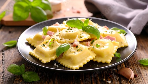 Homemade ravioli with creamy sauce, ham, and fresh basil on a dark plate, resting on rustic wood. A delicious classic Italian pasta dish