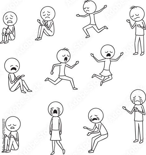 A collection of handdrawn stick figures expressing sadness crying and despair in various poses.