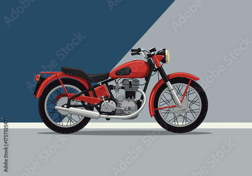 Classic Red Motorcycle Illustration with Detailed Engine and Black Seat.