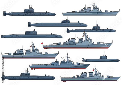 A collection of illustrations showing a variety of submarines and warships